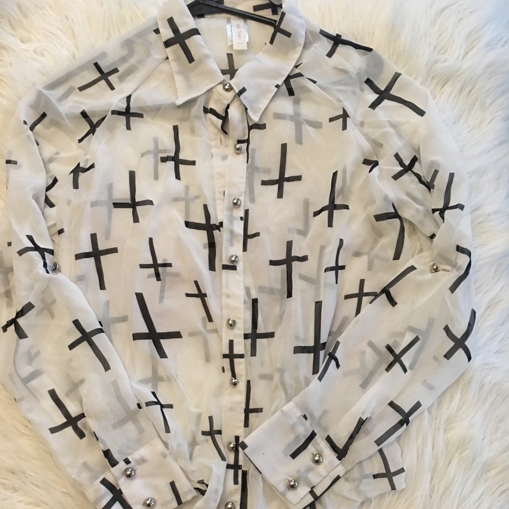 Sheer Cross Print Button Down - Picture 6 of 9